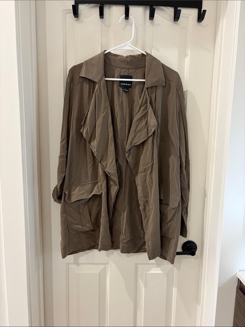 Trouve Lightweight Draped Open-Front Blazer Jacket in Taupe Olive Green Modal